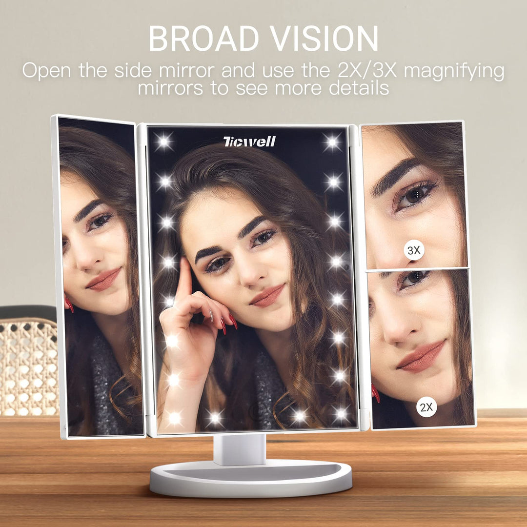 Vanity Mirror Makeup Mirror with Lights, Trifold Makeup Mirror HD 1X 2X 3X Magnification, 21 LED Lights, Touch Control, Dual Power 180°Rotation Portable Beauty Mirror, Gift for Women