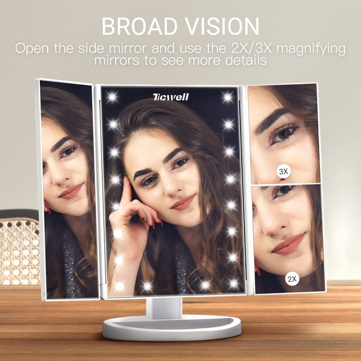 Vanity Mirror Makeup Mirror with Lights, Trifold Makeup Mirror HD 1X 2X 3X Magnification, 21 LED Lights, Touch Control, Dual Power 180°Rotation Portable Beauty Mirror, Gift for Women