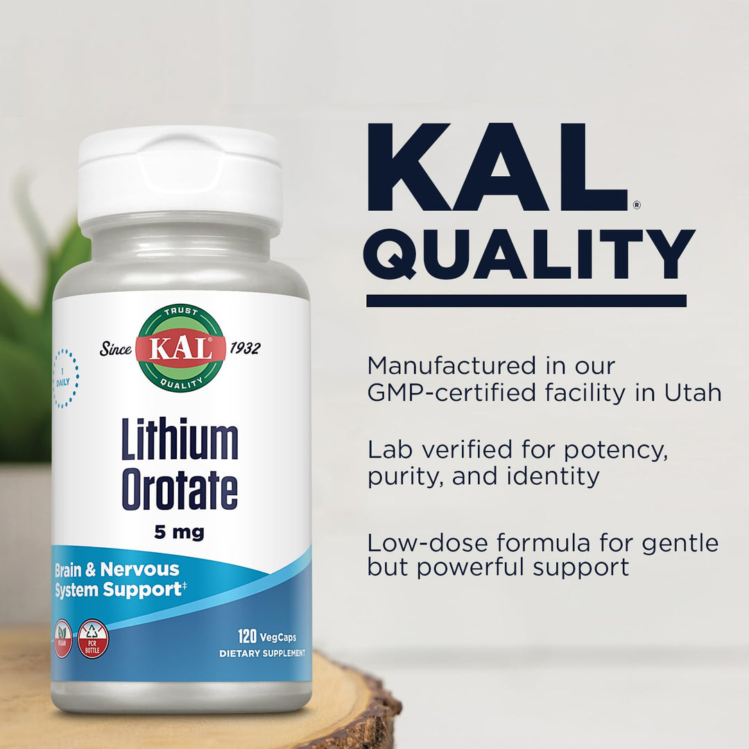 Lithium Orotate 5 milligrams | Low Serving Of Chelated Lithium Orotate For Bioavailability and Mood Support | In Organic Rice Bran Extract Base | 120 VegCaps
