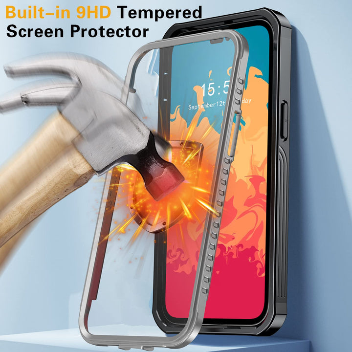 for iPhone 14 Pro Max Case, 2022 Upgrade Tempered Glass Clear Bumper Case with Built-in 9H Screen Protector, Full Body Protective Shockproof Rugged Cover for iPhone 14 Pro Max 5G 6.7’’(Black)