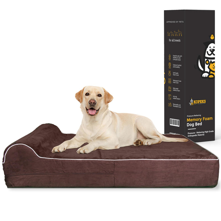 Orthopedic Memory Foam Dog Bed 7 Inch Thick Extra Large Dog Bed With Pillow Brown 50x34x10 Includes Waterproof Liner & Durable Removable Cover With Smart Design