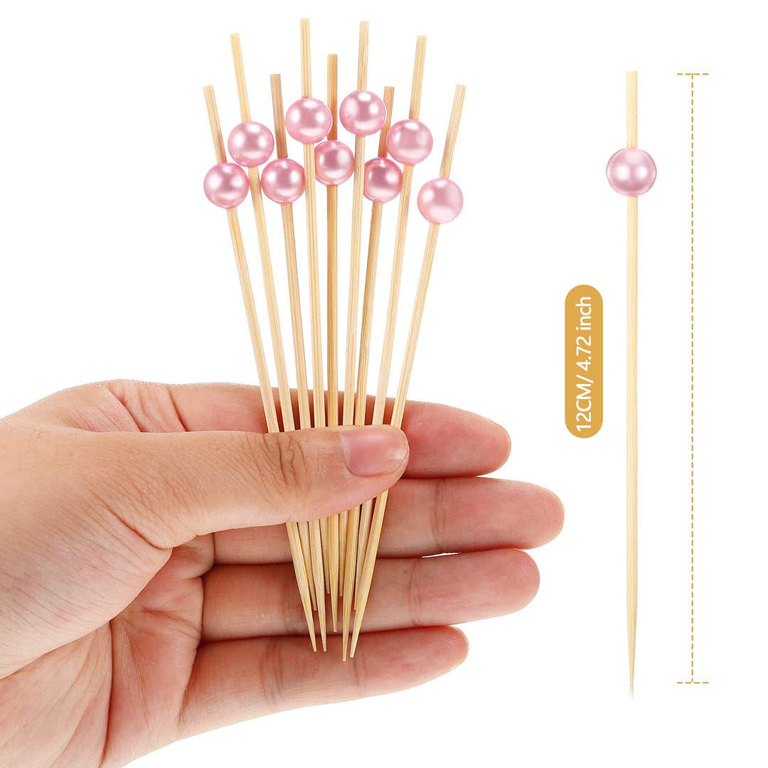 120 Counts Fancy Toothpicks for Appetizers Faux Pearl Charcuterie Cocktail Picks Wooden Decorative Toothpicks Handmade Sticks Long Appetizer Cocktail Sticks for Home Party, Dessert, Fruit (Rose Gold)
