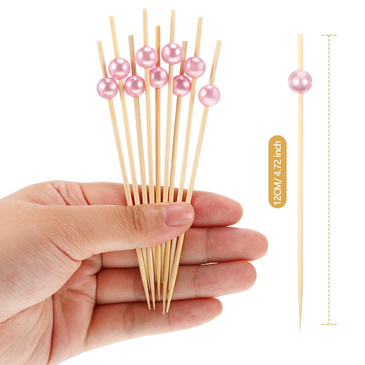 120 Counts Fancy Toothpicks for Appetizers Faux Pearl Charcuterie Cocktail Picks Wooden Decorative Toothpicks Handmade Sticks Long Appetizer Cocktail Sticks for Home Party, Dessert, Fruit (Rose Gold)