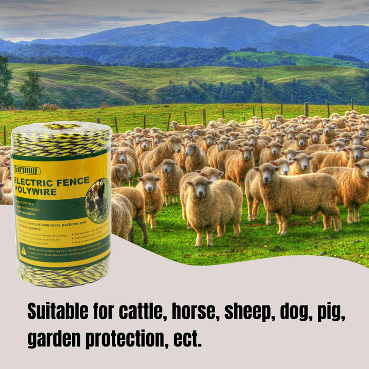 Portable Electric Fence Polywire, 656 Feet 200 Meter, 6 Conductors, Yellow and Black Color, Easy to Install Repair Splice and Rewind