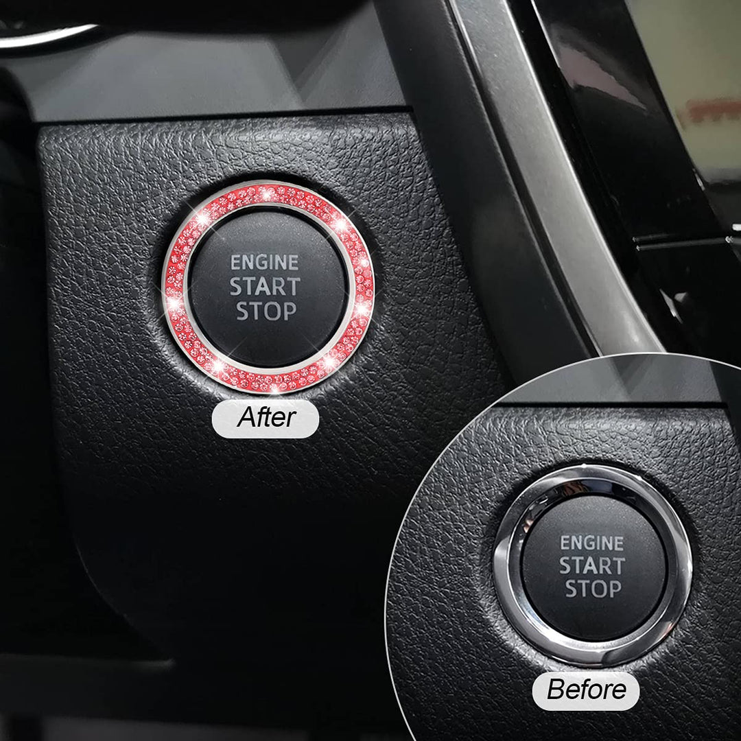 Car Bling Crystal Rhinestone Engine Start Ring Decals, 2 Pack Car Push Start Button Cover/Sticker, Key Ignition Knob Bling Ring, Sparkling Car Interior Accessories for Women (Red)