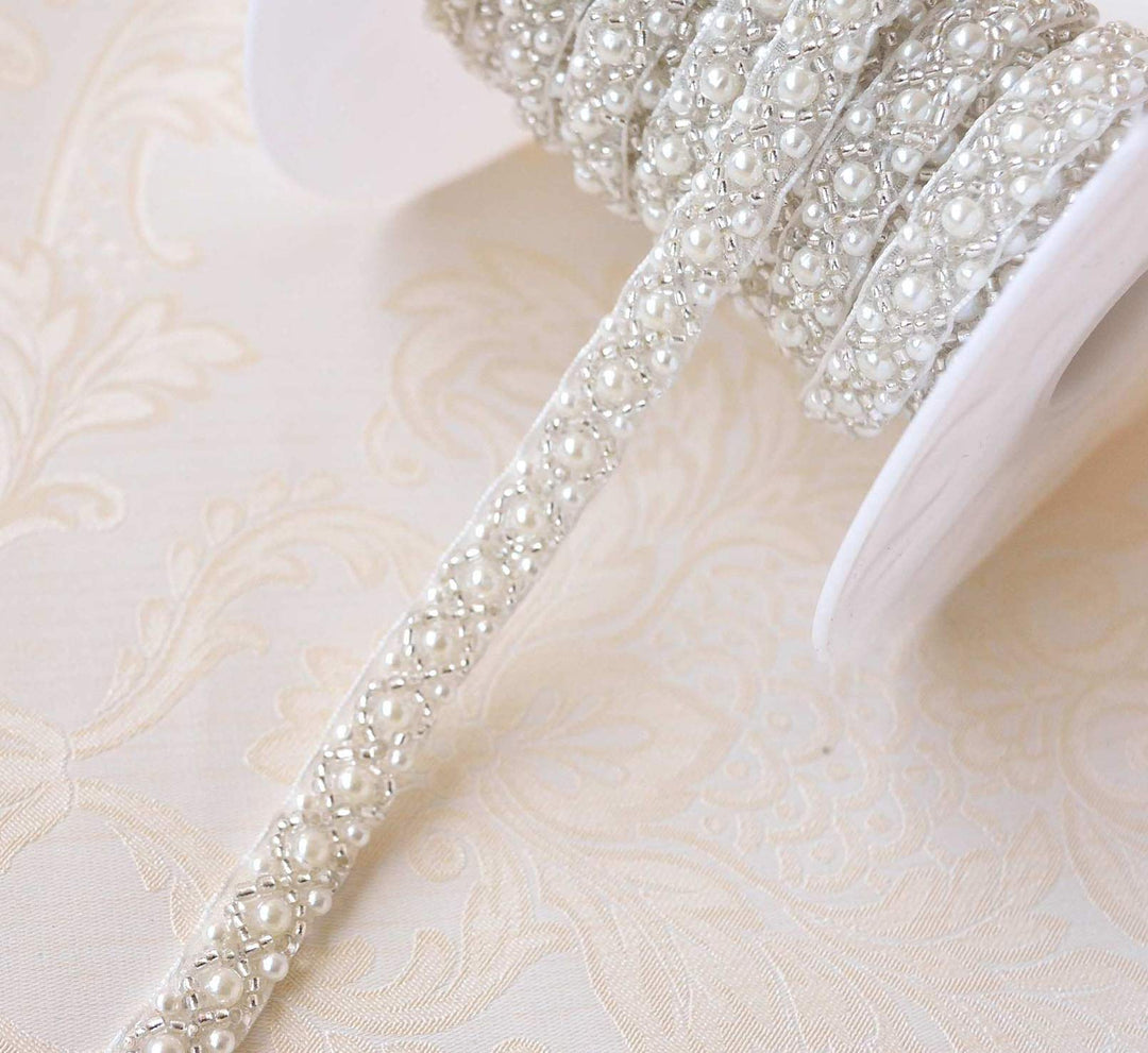 2 Yards Pearl Beaded Trim Bridal Lace Ribbon Trimming Edge Tape for Craft Sewing Wedding Dress Fabric DIY Decoration 1cm (#3)
