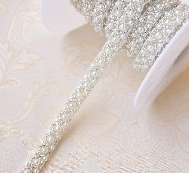 2 Yards Pearl Beaded Trim Bridal Lace Ribbon Trimming Edge Tape for Craft Sewing Wedding Dress Fabric DIY Decoration 1cm (#3)