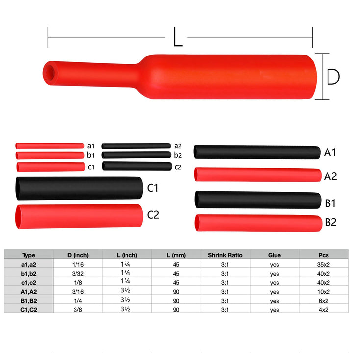270Pcs 3:1 Shrink Ratio Dual Wall Adhesive Lined Heat Shrink Tubing Tube 6 Size: 3/8,1/4,3/16,1/8,3/32,1/16, 2 Color KIT Black Red