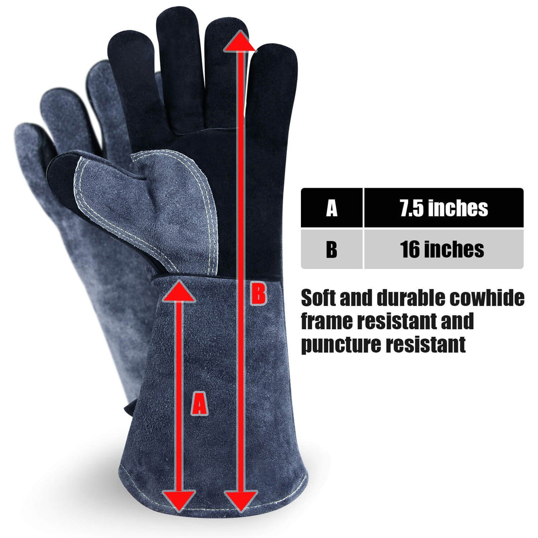932 Grill BBQ Gloves 16-inch Heat Resistant Leather Forge Welding Glove with Flame Retardant Long Sleeve and Insulated Lining for Men and Women Black-Gray