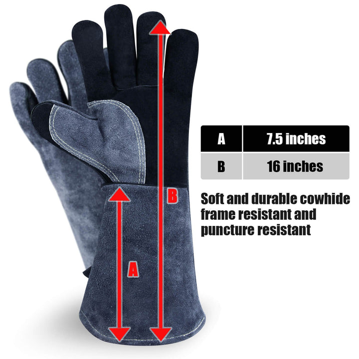 932 Grill BBQ Gloves 16-inch Heat Resistant Leather Forge Welding Glove with Flame Retardant Long Sleeve and Insulated Lining for Men and Women Black-Gray