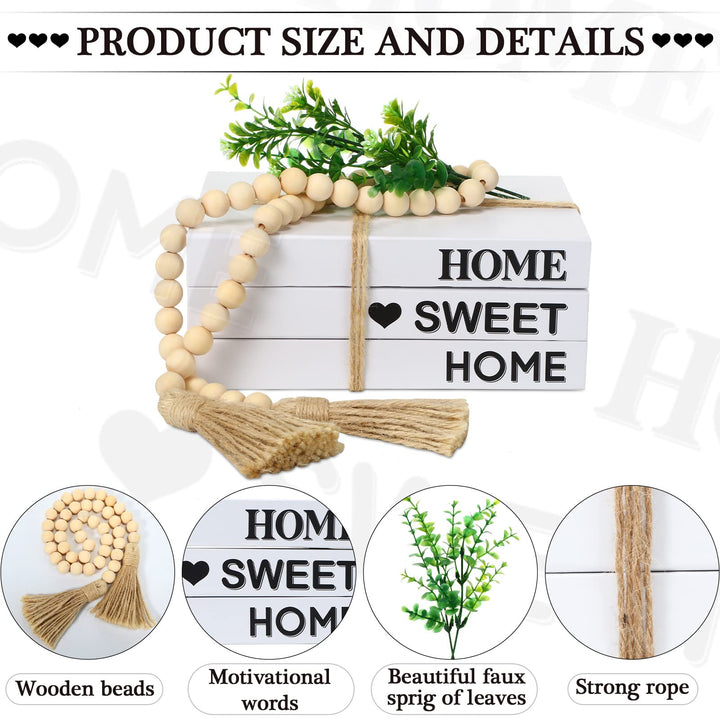 3 Pieces White Decorative Books Modern Farmhouse Stacked Books Stacks Faux Paper Books with Wood Bead Linen Decor for Home Coffee Tables (Chic Style)
