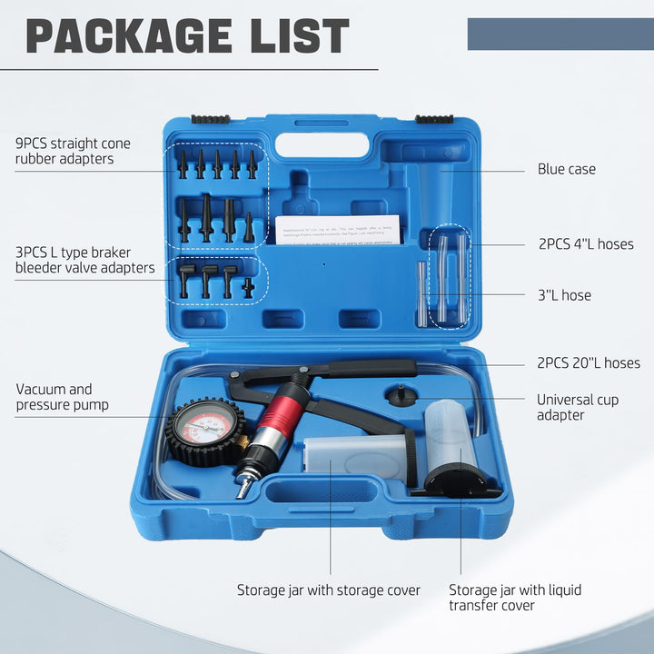 21PCS Hand Held Vacuum Pressure Pump Tester Set 2 in 1 Brake Bleeder Kit Brake Clutch Fluid Bleeder Tool Kit for Automotive with Gauge Adapters Brake System Bleeding Tools (Blue)