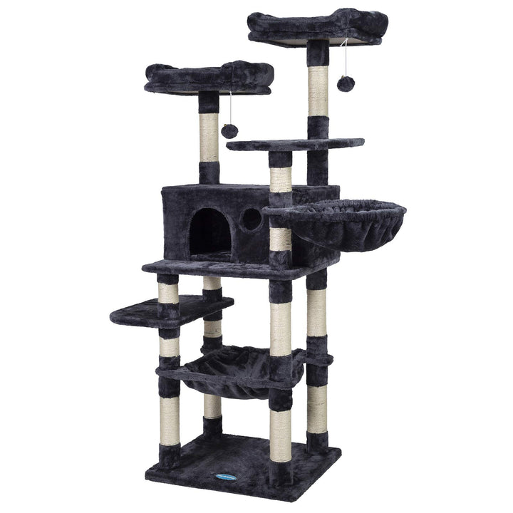 Cat Tree for Large Cats, Cat Tower with Scratching Posts, 2 Padded Plush Perches, Big Condo and Cozy Basket, Smoky Gray MPJ025G