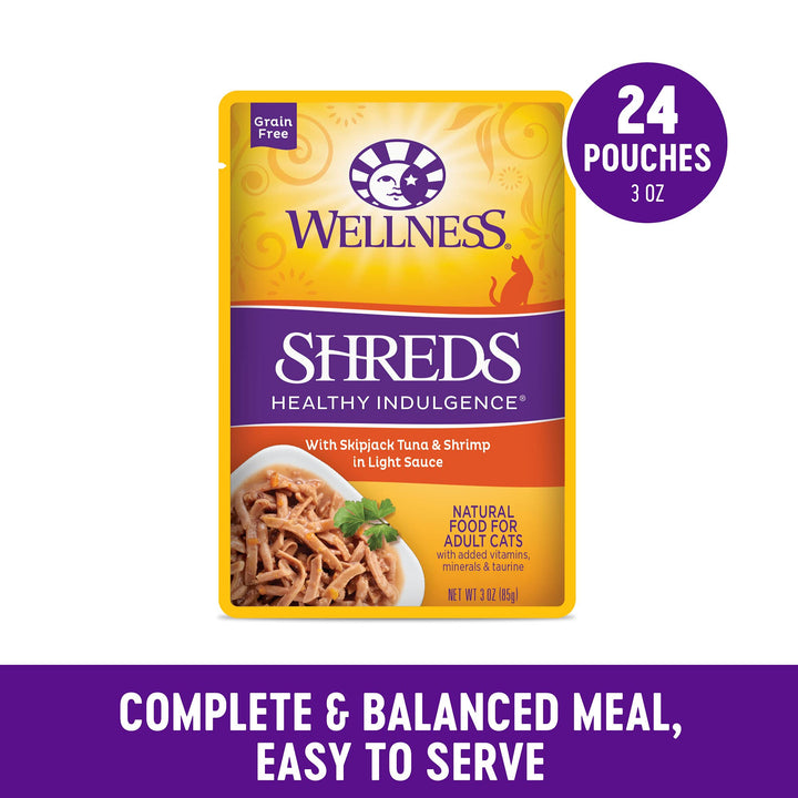 Healthly Indulgence Shreds Adult Wet Cat Food, Natural, Protein-Rich, Grain Free, 3 Ounce Pouch, 24 Pack, (Tuna & Shrimp)