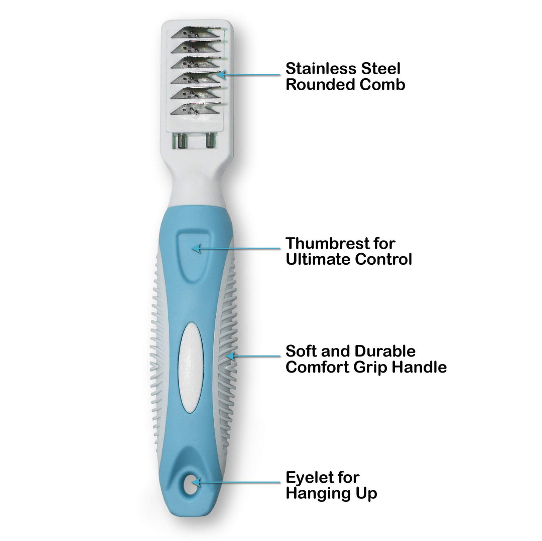 Professional Pet Mat Remover - Dematting Tool for Grooming Cats & Dogs - Removes Matted Fur, Tangles, Knots, Loose Hair & Dirt - Stainless Steel, Gentle Teeth, Soft Comfort Grip Handle,Blue
