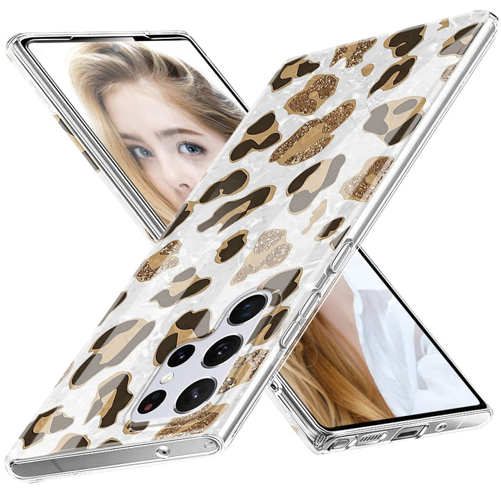 for Samsung Galaxy S22 Ultra Case, Cute Design with Leopard Print Phone Case for Women Girls, Soft Silicone Cover with Sparkly Pearly-Lustre Shell for Galaxy S22 Ultra 5G, White/Leopard