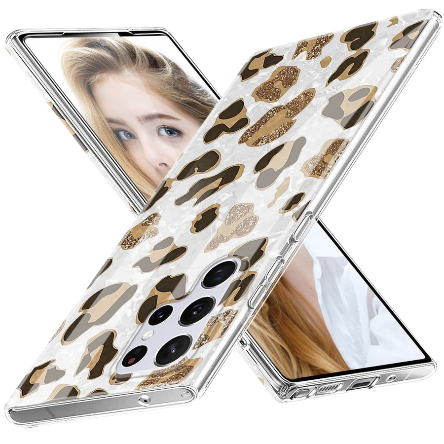 for Samsung Galaxy S22 Ultra Case, Cute Design with Leopard Print Phone Case for Women Girls, Soft Silicone Cover with Sparkly Pearly-Lustre Shell for Galaxy S22 Ultra 5G, White/Leopard