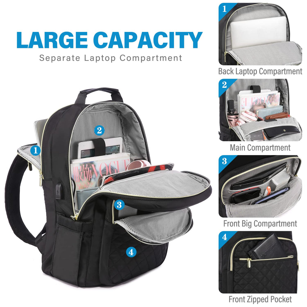 Laptop Backpack for Women, Stylish Quilted Backpacks Purse for Business Work Travel, Computer Bags Bag, with USB Port fits 15.6-inch Laptop, Black