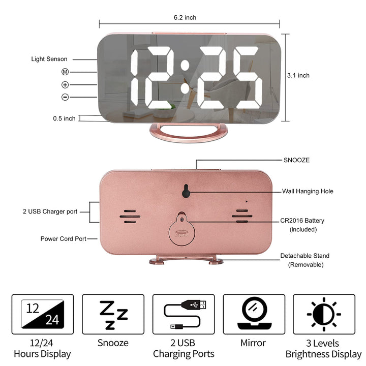 Slim Digital Alarm Clock, Daul USB Charger Ports, Dimming Mode, Large Display Mirror Surface for Makeup, LED Desk Clock for Bedroom, Living Room, Office, Home, Kids - Rose Gold/White
