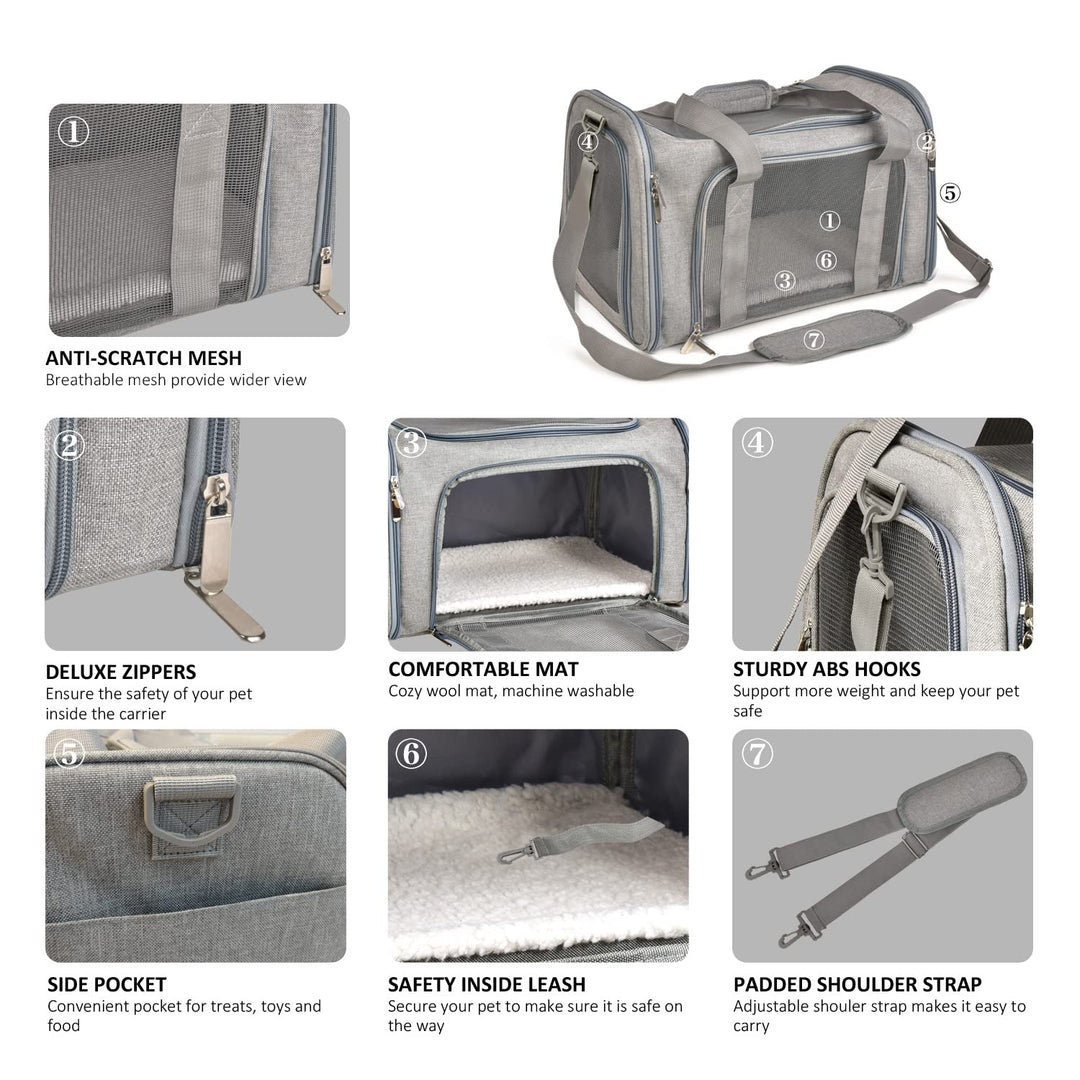 Cat, Dog Carrier for Small Medium Cats Puppies up to 15 Lbs, TSA Airline Approved Carrier Soft Sided, Collapsible Travel Puppy Carrier - Grey