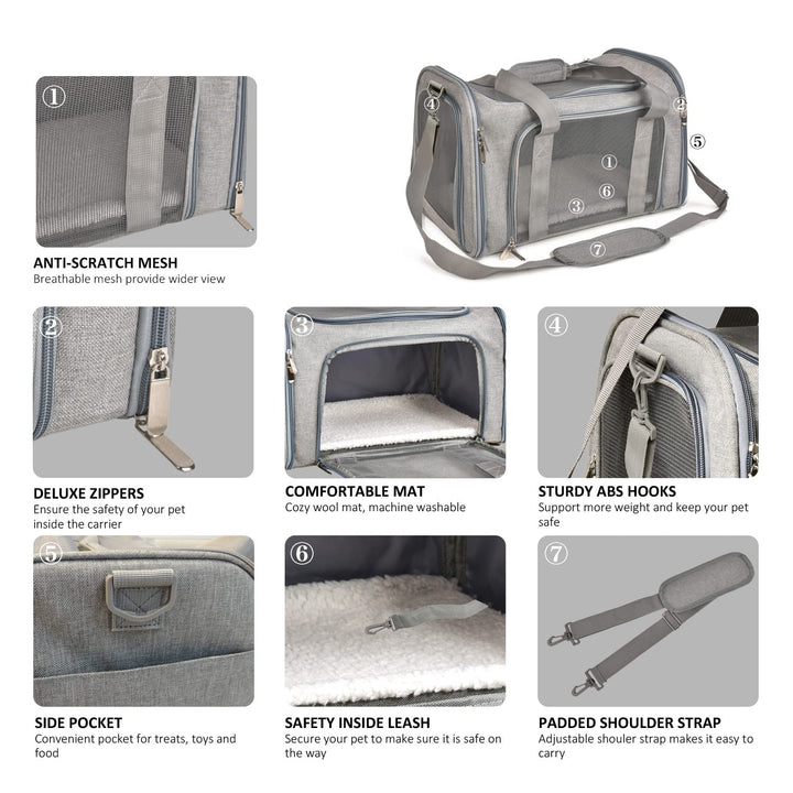 Cat, Dog Carrier for Small Medium Cats Puppies up to 15 Lbs, TSA Airline Approved Carrier Soft Sided, Collapsible Travel Puppy Carrier - Grey