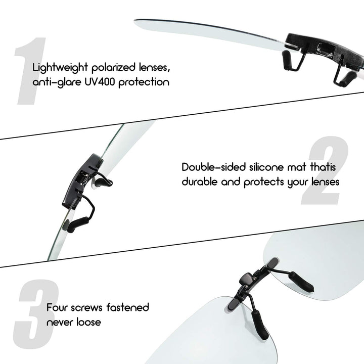 5 Pieces Polarized Clip on Sunglasses Rimless Rectangle Clip on Sunglasses Lightweight Eyeglasses Men Women (Multi Colors)