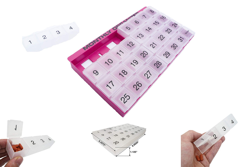 31 Day Pill Organizer | 1 per Day, 4 Week, 31 Compartments + Storage Monthly Pill Organizer | Includes Tray and 8 Removable compartments