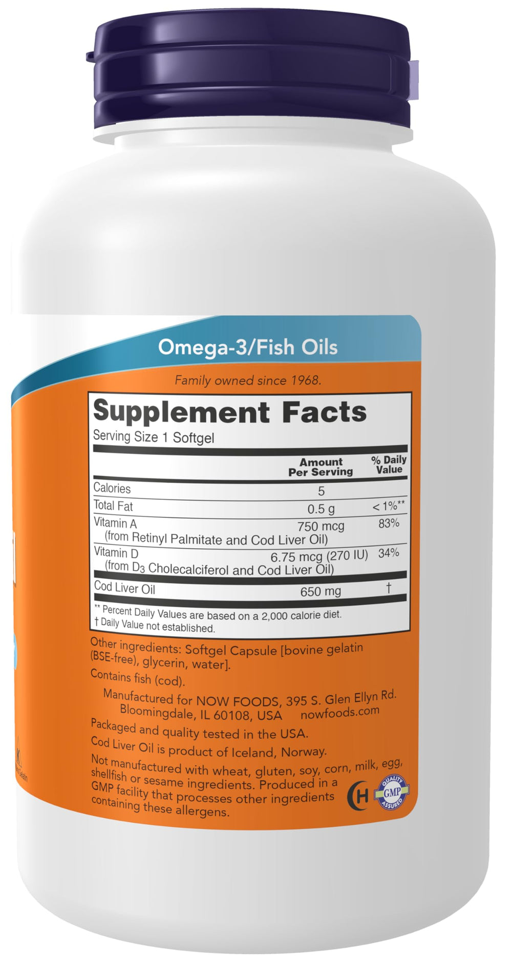 Supplements, Cod Liver Oil 650 mg, Excellent Source of Vitamins A and D-3, 250 Softgels