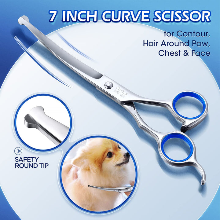Professional 5 in 1 Grooming Scissors for Dogs 4CR with Safety Round Tip, Heavy Duty Titanium Coated Straight & Thinning & Curved Shears