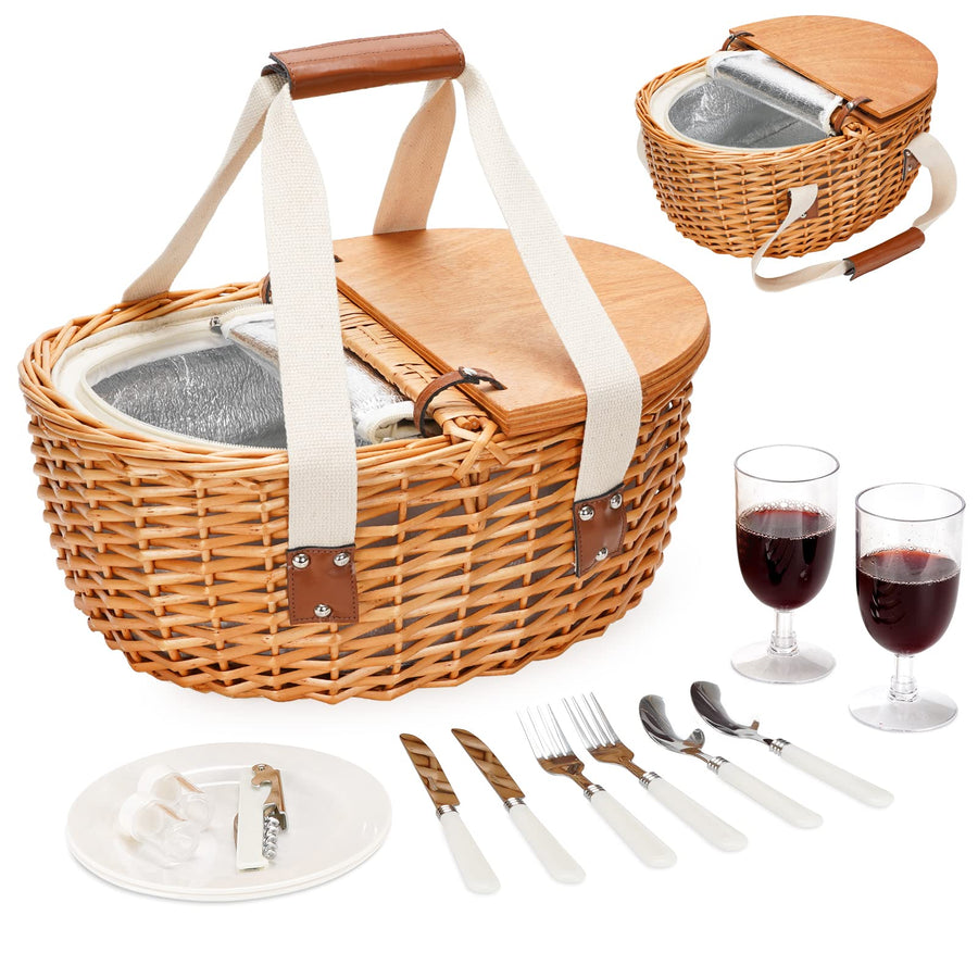 Wicker Cooler Picnic Basket Set for 2 with Double Wooden Lids & Handles, Country Style Insulated Cooler Bag with Cutlery Service Kits, Willow Picnic Hamper Basket W/Lining for Camping, Party, Wedding