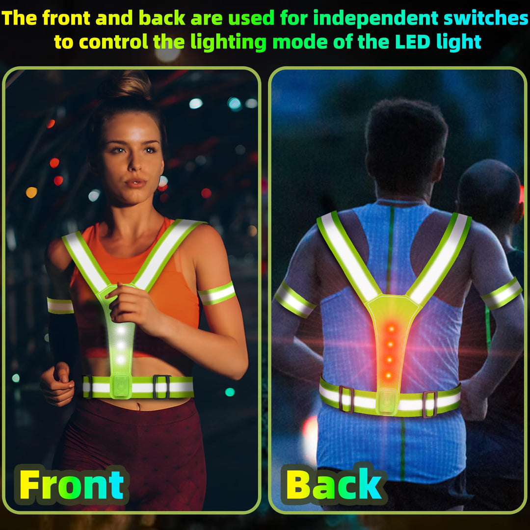 LED Reflective Vest USB Rechargeable Running Gear Night Light up Vest Safety Gear Adjustable Elastic Size Night Running LED VES for Men/Women/Child (Green)