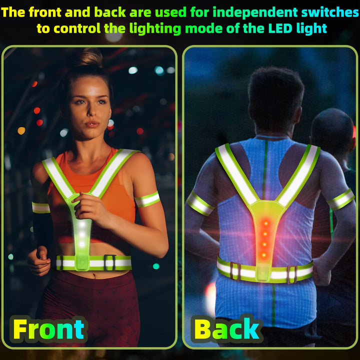 LED Reflective Vest USB Rechargeable Running Gear Night Light up Vest Safety Gear Adjustable Elastic Size Night Running LED VES for Men/Women/Child (Green)