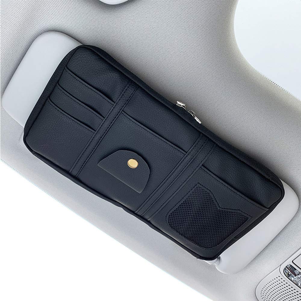 Car Sun Visor Organizer, PU Leather Auto Interior Accessories Pocket Organizer with Multi-Pocket with Zipper Net (Black)