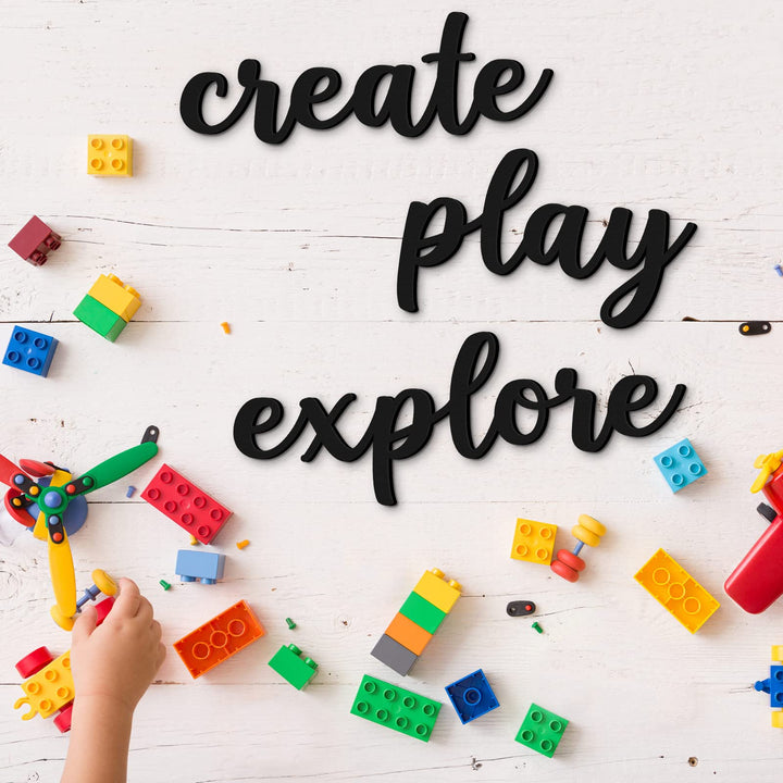 Playroom Wall Decor Wood Play Explore Create Inspirational Wall Art Nursery Room Decor for Kids Toddlers Boys Girls Classroom Bedroom Reading Nook Positive Quotes Wall Decoration