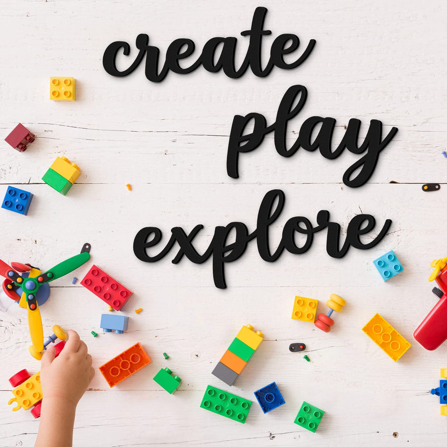 Playroom Wall Decor Wood Play Explore Create Inspirational Wall Art Nursery Room Decor for Kids Toddlers Boys Girls Classroom Bedroom Reading Nook Positive Quotes Wall Decoration