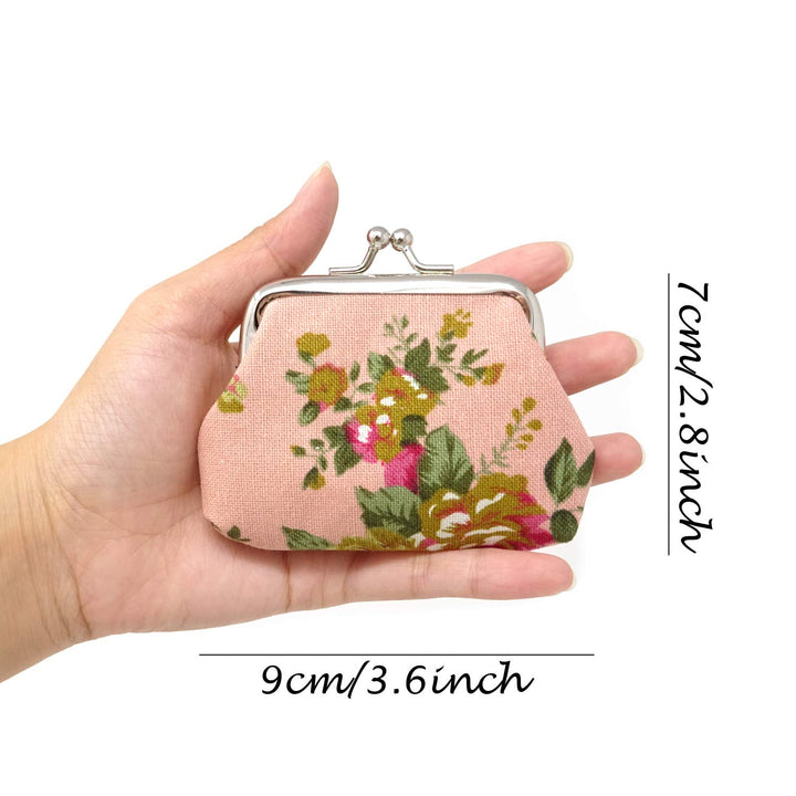 4PCS Canvas Floral Rose Flower Coin Purse Kiss Lock Change Purse Vintage Trinkets Pouch Small Women Wallet Clutch Purse
