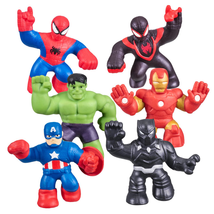 Marvel Mega Mini 6 Pack - Squishy, Stretchy, Gooey Mini Heroes - Ironman, Spider-Man, Captain America, Miles Morales, Hulk and Black Panther