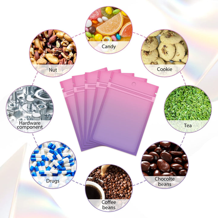 Funfery 100 Pieces Resealable Smell Proof Bags for Food Storage,Clear Cute Mylar Bags for Small Business Foil Pouch Ziplock Packaging Bags for Sample Jewelry Eyelash Gloss(Pink Purple, 4×6in)