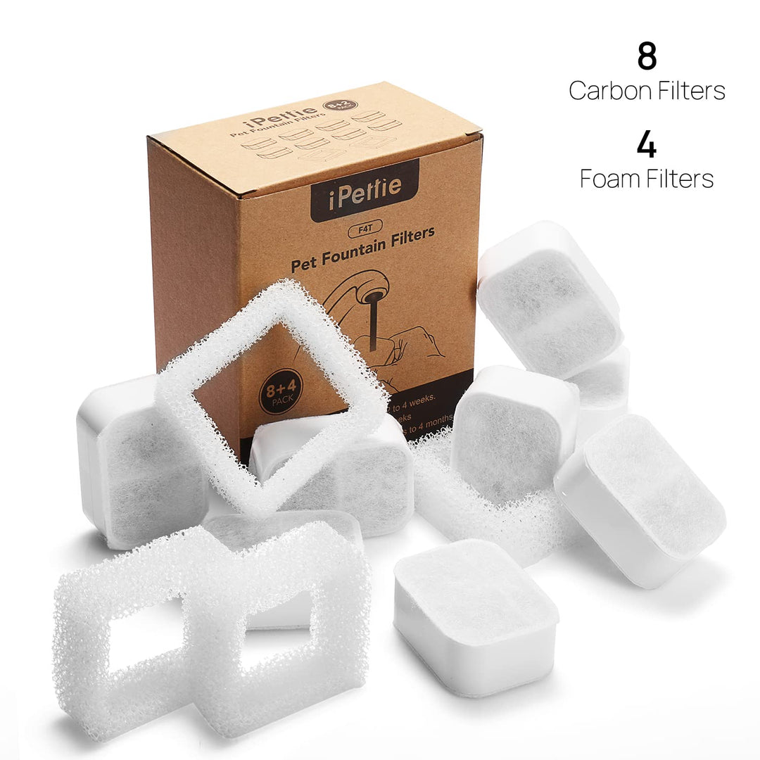 Replacement Filters for Tritone & Fiumi Ceramic Pet Water Fountain, 8PCS Carbon Filters and 4PCS Foam Filters