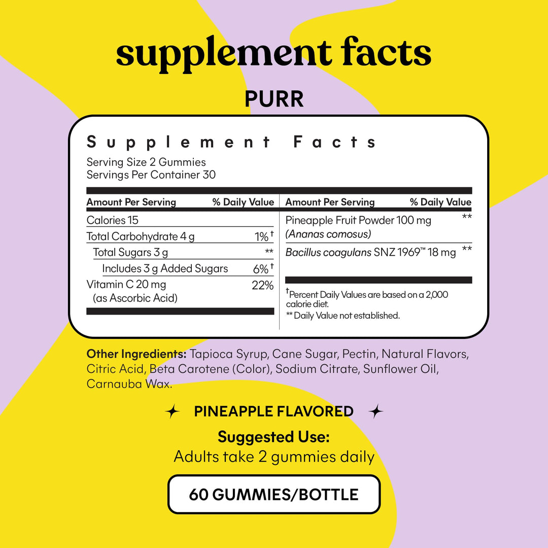 Purr Vaginal Probiotic Gummies for Women - Balanced pH, Healthy Odor, Yeast Balance & Flora Support + Vitamin C for Immune Health - Tasty Pineapple (60 Count)