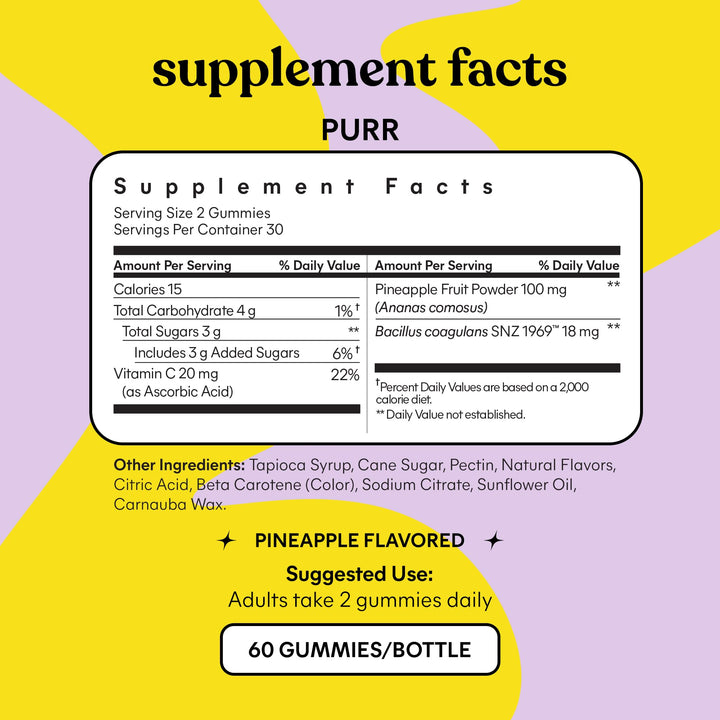 Purr Vaginal Probiotic Gummies for Women - Balanced pH, Healthy Odor, Yeast Balance & Flora Support + Vitamin C for Immune Health - Tasty Pineapple (60 Count)