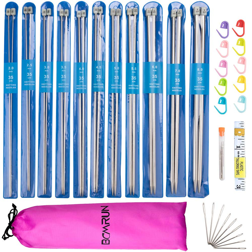 22Pcs Stainless Steel Straight Knitting Needles Set, 2mm-8mm, Long Needles with Markings, Large-Eye Needles, Measure Tape, Kitting Kit for DIY, Travel