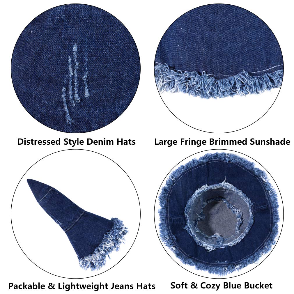 Fray Blue Jean Bucket Hat for Women Retro Mens Fringe Brim Denim Fisherman Caps Packable Spring Summer Sun Hat