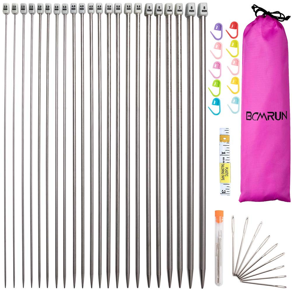 22Pcs Stainless Steel Straight Knitting Needles Set, 2mm-8mm, Long Needles with Markings, Large-Eye Needles, Measure Tape, Kitting Kit for DIY, Travel