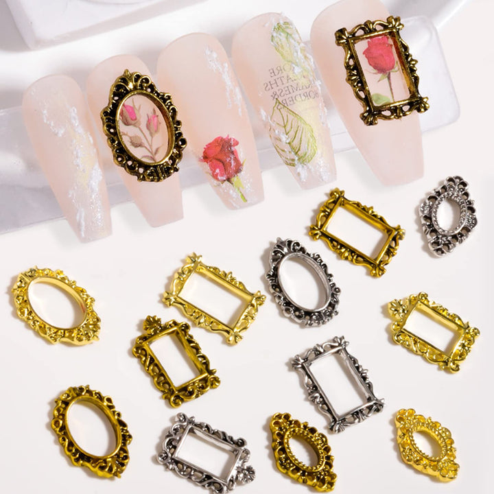 60pcs Retro Nail Charms Metal Punk Nail Jewels Engraved Nail Frame Charms for Nails 3D Nail Art Charms Flat-Back Nail Studs Nail Art Decoration for DIY Craft