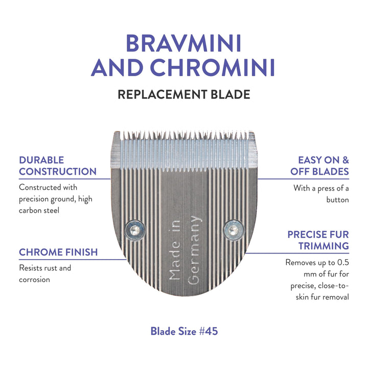Professional Animal Blade BravMini Pet, Dog, Cat & Horse Trimmers (#41590-7370) Replacement Blade - Trimmer Blade Replacement - with 1#45 Silver Blade