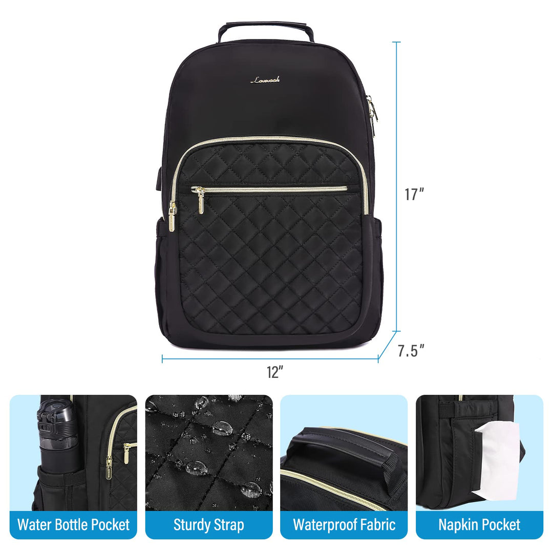 Laptop Backpack for Women, Stylish Quilted Backpacks Purse for Business Work Travel, Computer Bags Bag, with USB Port fits 15.6-inch Laptop, Black