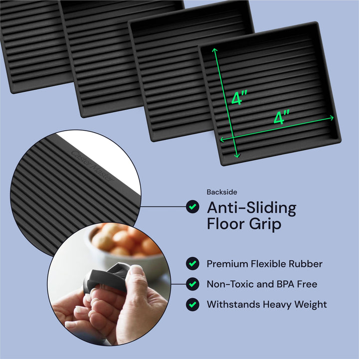 Non Slip Furniture Pads - 4x4 Black Square Rubber Anti Skid Caster Cups Leg Coasters - Couch, Chair, Feet, and Bed Stoppers with Anti - Sliding Floor Grip (Set of 4)