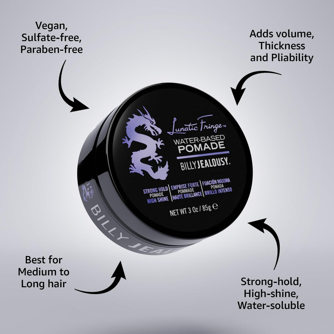 Lunatic Fringe Water-Based Pomade for Men, Strong Hold, High Shine, Water Soluble and Vegan Hair Product Ideal for Medium to Long Thick Mane, 3 oz