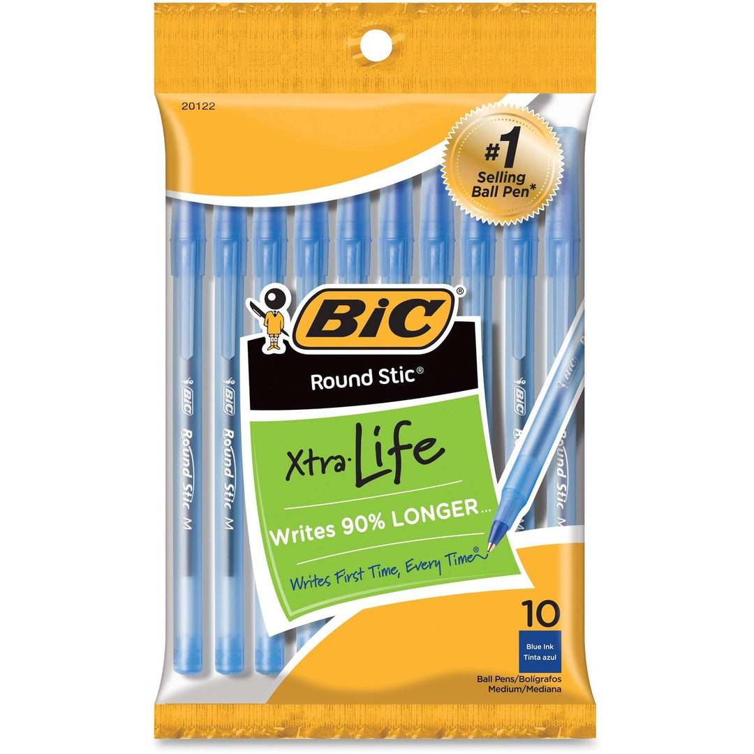 BIC Round Stic Xtra Life Blue Ballpoint Pens, Medium Point (1.0mm), 10-Count Pack of Bulk Pens, Flexible Round Barrel for Writing Comfort, No. 1 Selling Ballpoint Pens